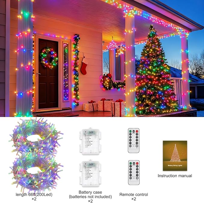 2 Pack Battery Operated String Lights Outdoor Indoor Total 132ft 400 LED, 8 Modes with Remote Timer Waterproof Twinkle Fairy Lights Battery Powered for Christmas Tree Bedroom Party Decor, Multicolor