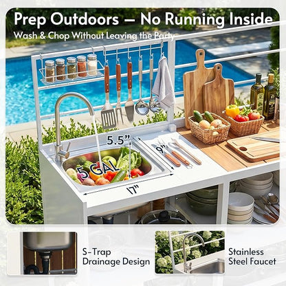 Modular Outdoor Kitchen Island with Sink, 4Pcs Aluminum Outdoor Kitchen Kit | Aluminum Frame, Weatherproof, Modular Grill Cart & Ice box, Large Countertop & Wall Hanging Design, For Patio BBQ, Party