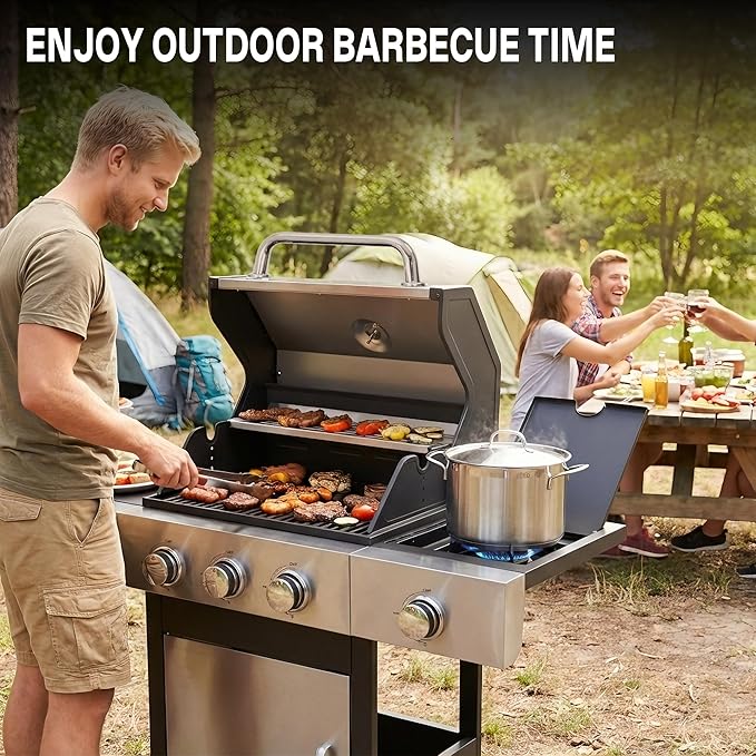 Gas Grill with Side Burner, 3-Burner Propane Grill with Porcelain-Enameled Cast Iron Grates and Double-Wall Insulated Lid, 39,000 BTU BBQ Grill with Wheels for Outdoor Cooking