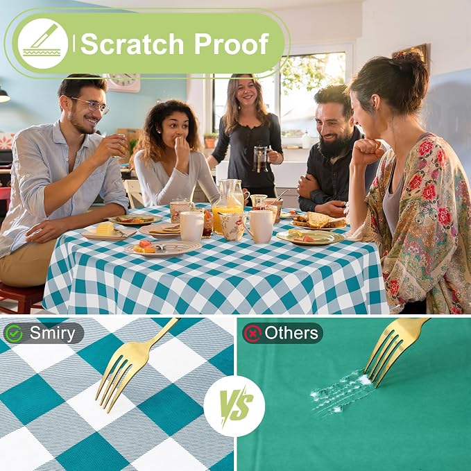 Smiry Picnic Table Cloth, Vinyl Tablecloths with Flannel Backing, 60" Round | Waterproof Picnic Table Cloth, Wipeable Buffalo Plaid Table Cover for Indoor and Outdoor (Turquoise & White)