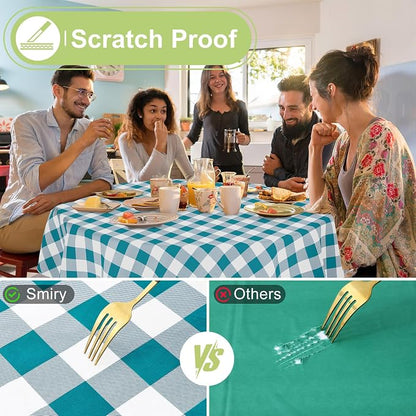 Smiry Picnic Table Cloth, Vinyl Tablecloths with Flannel Backing, 60" Round | Waterproof Picnic Table Cloth, Wipeable Buffalo Plaid Table Cover for Indoor and Outdoor (Turquoise & White)