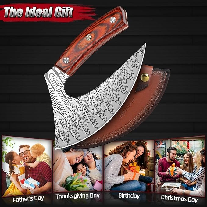 ROCOCO Pizza Cutter Ulu Knife – Full Tang Mezzaluna Rocker Chopper with Sheath for Kitchen, Camping, BBQ, Gifts Men Women