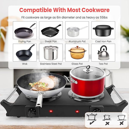 Moclever Hot Plate Electric Stove, 2000W Portable Cooking Stove w/Cooling Handle, 5 Levels of Adjustable Temperature, Countertop Burners Dual Coil Burner for Home RV Camping, Fits All Cookware