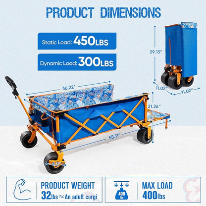 Extra Large Heavy-Duty Beach Wagon - 55.11" x 26.38" Foldable Utility Cart with 400 lbs Capacity, Compact Fold Design, Ideal for Beach, Camping, Groceries, and Outdoor Adventures