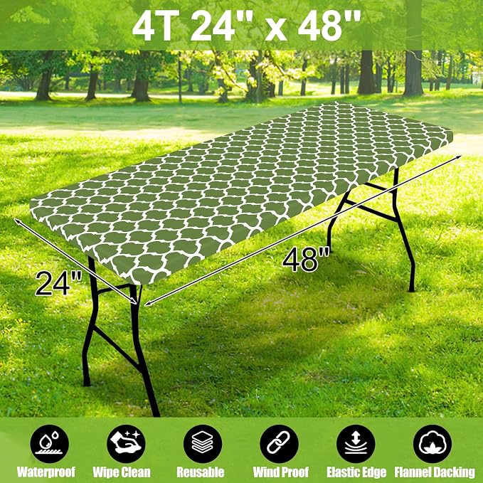 Smiry Picnic Fitted Table Cover, 4 Foot Flannel Backed Vinyl Tablecloth | Waterproof Elastic Stretch Table Cloth, Wipeable Plastic Tablecloth for Camping, Indoor & Outdoor (Green, 24" x 48")