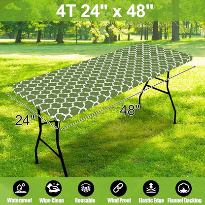 Smiry Picnic Fitted Table Cover, 4 Foot Flannel Backed Vinyl Tablecloth | Waterproof Elastic Stretch Table Cloth, Wipeable Plastic Tablecloth for Camping, Indoor & Outdoor (Green, 24" x 48")