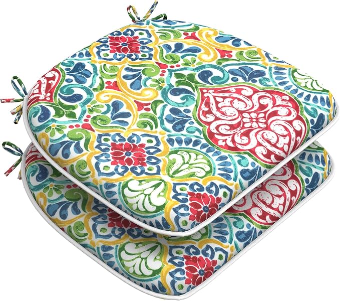DYTXIII Set of 2 Outdoor Chair Cushions with Ties,Water Repellent Patio Chair Pads 17"x 16" for Outdoor Furniture,Round Corner Seat Cushions for Garden Yard Kitchen Damask Red