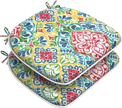 DYTXIII Set of 2 Outdoor Chair Cushions with Ties,Water Repellent Patio Chair Pads 17"x 16" for Outdoor Furniture,Round Corner Seat Cushions for Garden Yard Kitchen Damask Red