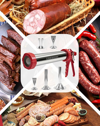 2LB Jerky Gun Kits, Sausage Stuffer, Stainless Steel Beef Meat Maker, Beef Stick Gun, Jerky Shooter Cannon with 5 Versatile Nozzles, 5 Cleaning Brushes and 1 Meat Pusher, Gifts for Women Men