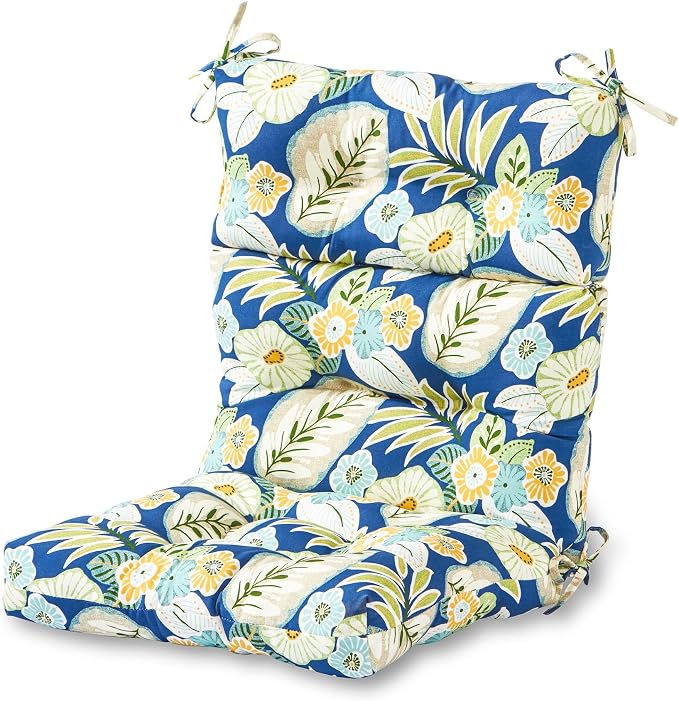 Outdoor Tufted High-Back Chair Cushions, One-Piece Hinged Seat and Back Design, Reversible with 4 Ties, Durable Polyester Fabric, Recycled Fiber Fill - Single, Marlow Blue Floral