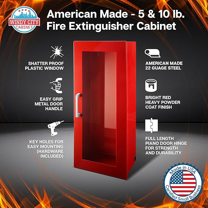 Fire Extinguisher Mount for Wall & Surface - 22 Gauge Steel, USA Made - Fire Extinguisher Cabinet Storage with Metal Handle - Indoor & Outdoor Use - 24.5H x 9.25W x 6.5D - Red