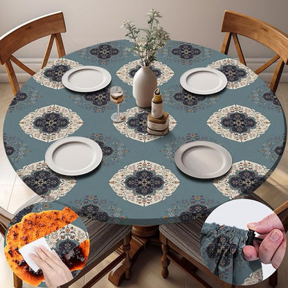 opstellen Fitted Round Tablecloths Reusable Stain Resistant Table Clothes Vinyl Indoor Outdoor Circular Cover for 36-44" Table Dorm kitchen Storage Gifts Summer Autumn Camper Patio Picnic Accessories