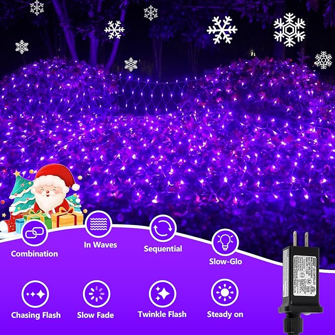QITONG Purple Net Lights Outdoor Mesh Lights, 360 LED 12ft x 5ft Christmas Net Light with 8 Modes, Clear Wire Bush Light Plug in