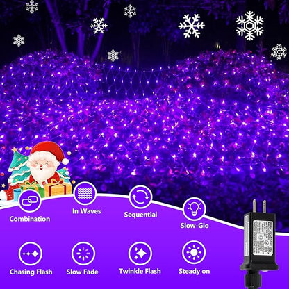 QITONG Purple Net Lights Outdoor Mesh Lights, 360 LED 12ft x 5ft Christmas Net Light with 8 Modes, Clear Wire Bush Light Plug in