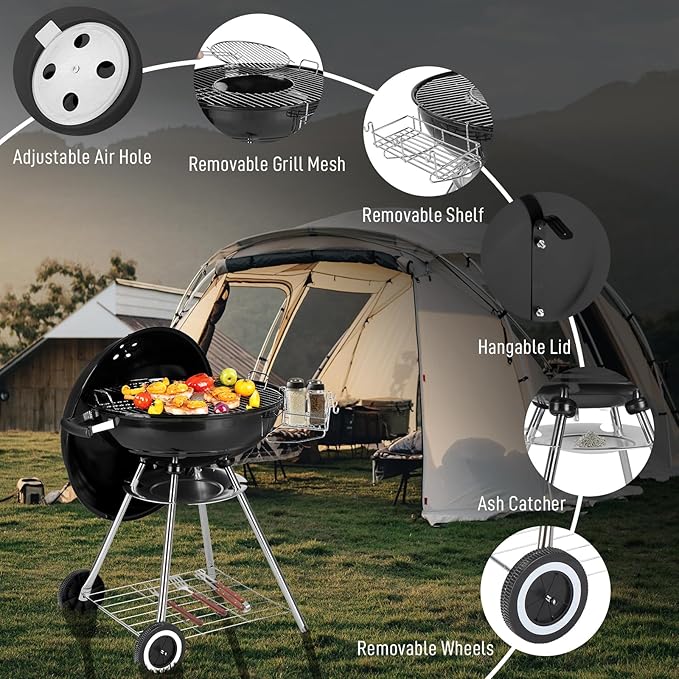 21.5" BBQ Grill with Wheels& Thickened Grid, Portable Enamel Outdoor Woodfire Charcoal Grill with Lid, Storage Shelf, Removable Ash Catcher for Camping, Travel, Tailgating & Backyard Cooking