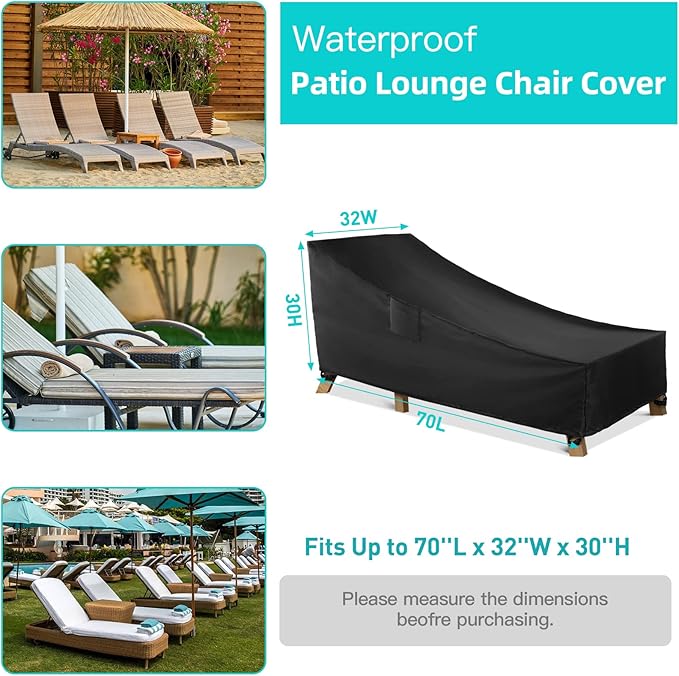 WLEAFJ Patio Chaise Lounge Cover Waterproof, Heavy Duty Outdoor Lounge Chair Covers, Black Durable Patio Furniture Covers, 70L x 32W x 30H inch - 2 Pack
