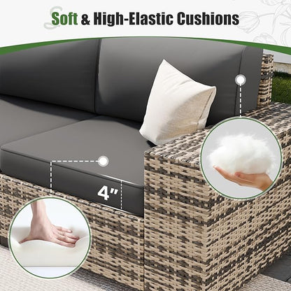 UDPATIO Patio Furniture Set with Fire Pit Table, 8 Inch Armrest Outdoor Sectional Sofas, 5 Piece All-Weather Wicker Conversation for Garden, Backyard