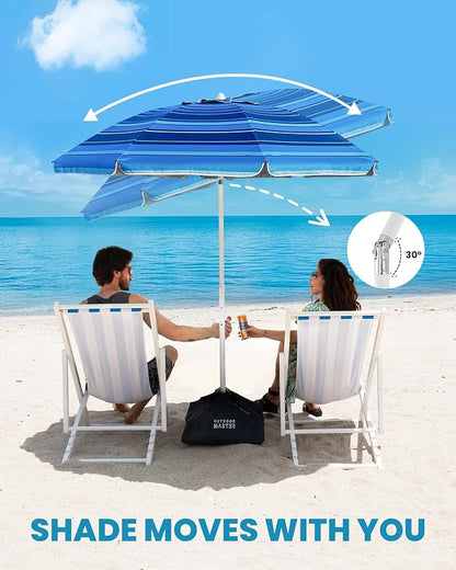 OutdoorMaster 7.2ft Beach Umbrellas for Sand with Sandbag & Anchor | 7.2ft Adjustable Umbrella for Beach, Wind Resistant, Portable UPF50+ Sunshade with Carry Bag for Patio