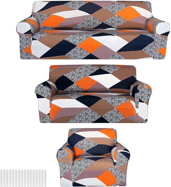 Peryiter 3 Pcs Couch and Loveseat Sofa Covers,Gray Dm,Milk Silk | Armchair Covers for Living Room, Sofa Cushion Slipcover, Furniture Protector, Polyester and Spandex, Washable
