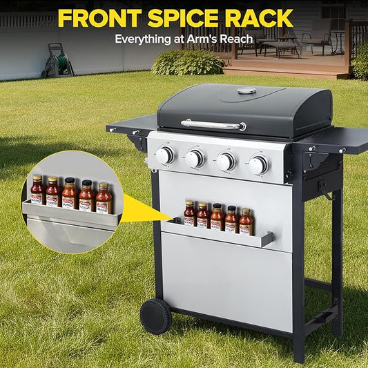 4 Burner Gas Grill with Foldable Shelves, 40,000 BTU Stainless Steel Propane BBQ Grill, 387 Sq. In. Cooking Space, Portable Outdoor Grill for Patio, Backyard, Camping & Tailgating