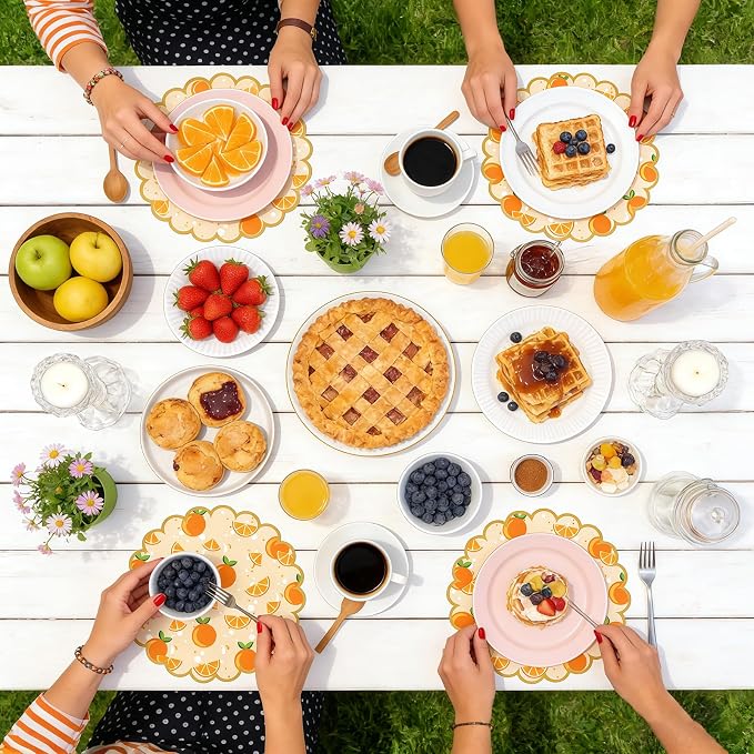 100 Pcs Orange Paper Placemats Orange Fruit Place Mats 13.5 Inch Disposable Round Decorative Dining Table Mat with Scalloped Edge for Spring Summer Picnic BBQ Birthday Bridal Wedding Party Supplies