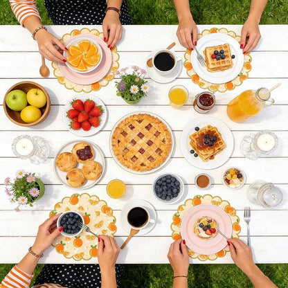 100 Pcs Orange Paper Placemats Orange Fruit Place Mats 13.5 Inch Disposable Round Decorative Dining Table Mat with Scalloped Edge for Spring Summer Picnic BBQ Birthday Bridal Wedding Party Supplies