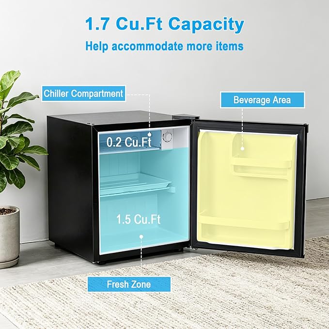 COSTWAY 1.7 Cu.Ft Mini Fridge, Compact Refrigerator w/Chiller Compartment, Adjustable Thermostat, Reversible Single Door & Low Noise, Small Refrigerator for Dorm, Office, Bedroom & Apartment (Silver)