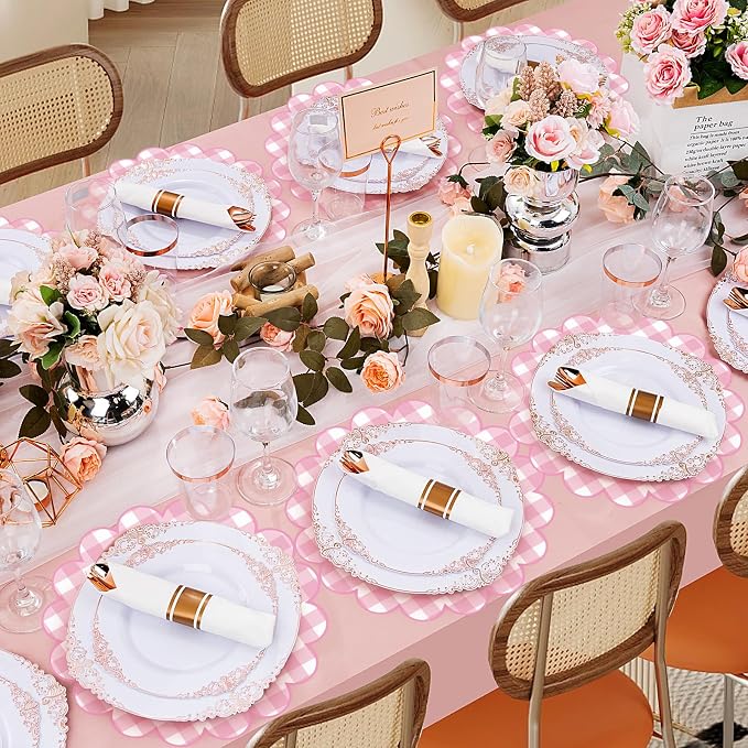 100 Pcs Checkered Paper Placemats Pink Gingham Place Mats 13.5 Inch Disposable Round Decorative Dining Table Mat with Scalloped Edge Paper Cutouts Decor for Picnic BBQ Table Party Supplies