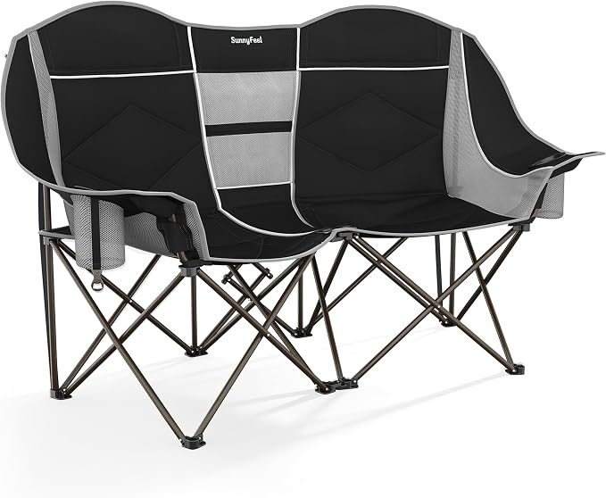SUNNYFEEL Double Camping Chair Oversized Loveseat for Adults | 600LBS Heavy Duty Padded Camping Couch with Cup Holder, Storage Pockets & Carry Bag for Patio RV/ Lawn/ Backyard