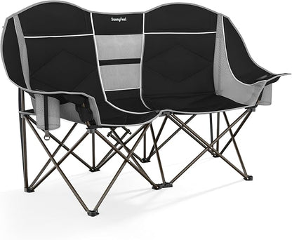 SUNNYFEEL Double Camping Chair Oversized Loveseat for Adults | 600LBS Heavy Duty Padded Camping Couch with Cup Holder, Storage Pockets & Carry Bag for Patio RV/ Lawn/ Backyard