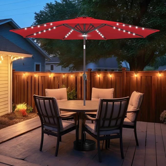 FLAME&SHADE Solar Patio Umbrella with Centre Light, 10 FT Red | UV Protection, Small Solar Outdoor Umbrella for Porch, Deck, Backyard, Garden, Provides Evening Lighting, 40 LED Lights