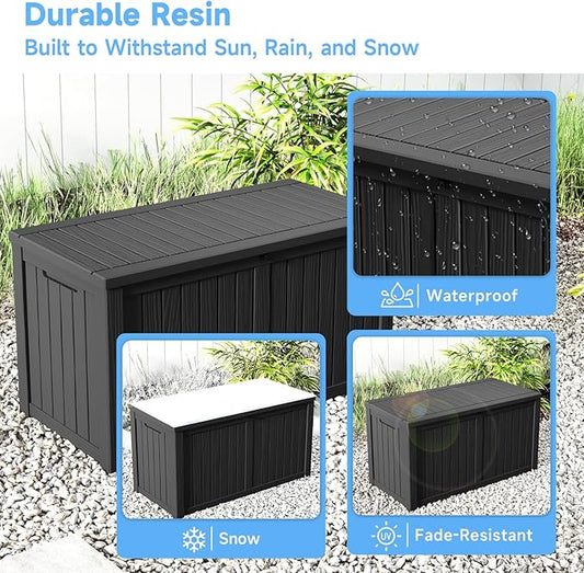 ROJIK Outdoor Storage Box, 180 Gallon Waterproof Resin Deck Box with Hydraulic Lid, Large Lockable Storage Bin UV-Resistant for Patio Furniture Cushions, Garden Tools, Pool Accessories, Black