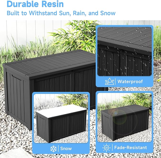 Pepe Tee Waterproof Resin Deck Box, Outdoor Storage Bin for Patio Furniture Cushions, All-Weather Garden Organizer & Seating Bench, Black