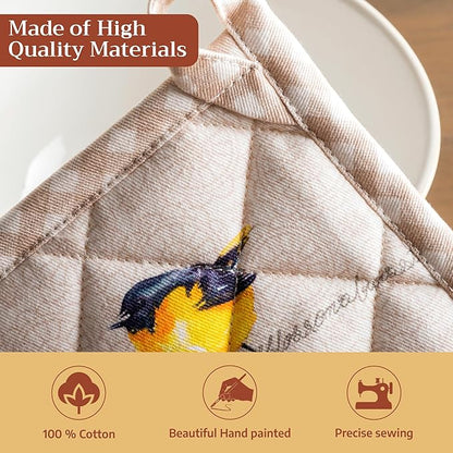 Maison d' Hermine Pot Holders 100% Cotton Heat Resistant Potholders 8" x 8" Hot Pads with Loop BBQ Cooking Baking Hotel Farmhouse Kitchen Handling Hot Pans Spring Summer (Pack of 2, Birdies on Wire)