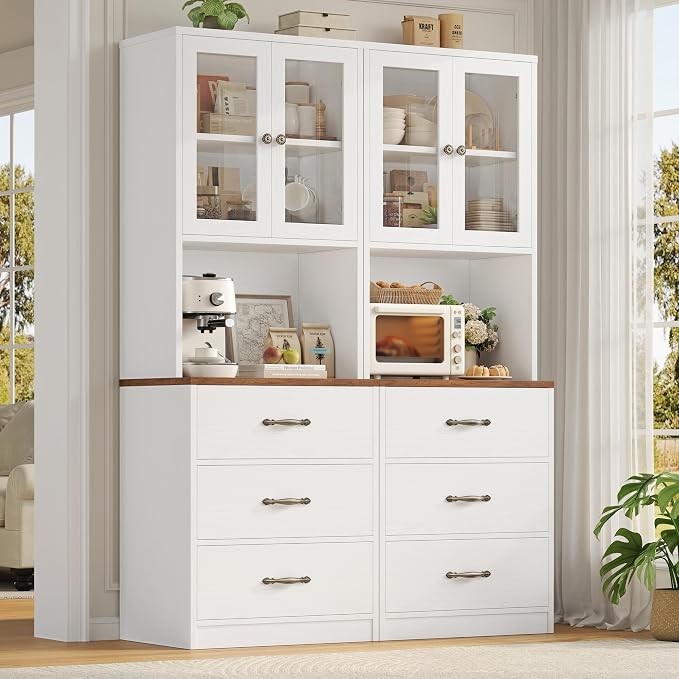 71“ Tall Kitchen Pantry Storage Cabinet with Microwave Stand, Buffet Kitchen Hutch with Shelves and Drawers, Wood Coffee Bar Pantry Cabinet with Glass Doors, for Dining Room/Small Space, White