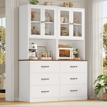 71“ Tall Kitchen Pantry Storage Cabinet with Microwave Stand, Buffet Kitchen Hutch with Shelves and Drawers, Wood Coffee Bar Pantry Cabinet with Glass Doors, for Dining Room/Small Space, White