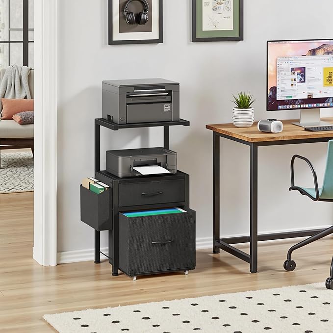 HIGDBFE Filing Cabinet with 2-Tier Printer Shelves, 2 Fabric Drawers File Cabinet with Reversible Side Bag&File Drawer, Printer Stand with Storage for Home Office, Black, 16.5" W