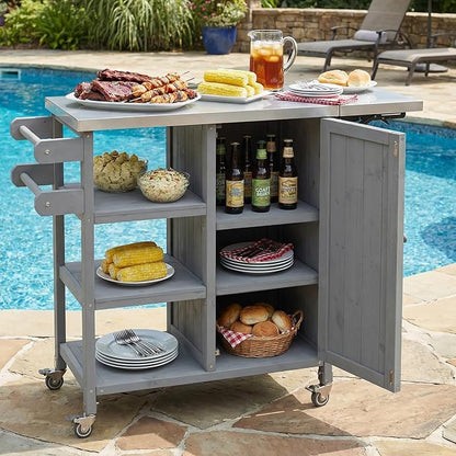 JIVOIT Outdoor Kitchen Island with Foldable Stainless Steel Tabletop, Patio Fir Wood Kitchen Cart Portable Prep Station with Lockable Wheels, Storage Cabinet and Towel Rack (Grey/123)