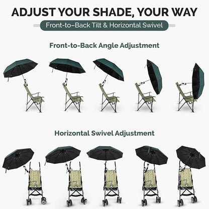 Chair Umbrella with Universal Clamp (Dark Green) | UPF 50+ UV Protection, Clip-on Outdoor Sports Umbrella for Beach Stroller Pool Camp, Compact Lightweight Portable Shade