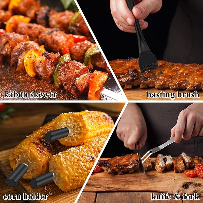 ROMANTICIST 27pcs Heavy Duty Grilling Gifts for Men Dad Fathers Day, Extra Thick BBQ Accessories Tools Set, Stainless Steel Grill Utensils Kit with Meat Claws,Canvas Bag for Outdoor Camping Black