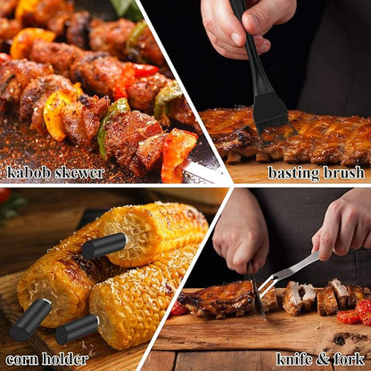 ROMANTICIST 27pcs Heavy Duty Grilling Gifts for Men Dad Fathers Day, Extra Thick BBQ Accessories Tools Set, Stainless Steel Grill Utensils Kit with Meat Claws,Canvas Bag for Outdoor Camping Black
