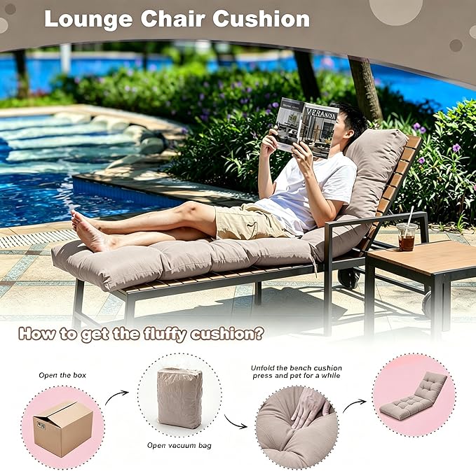 Outdoor Lounge Chair Cushions, 74.4 x 22 x 4.7 Inches Waterproof Fade Resistant Patio Cushion for Chaise Lounger