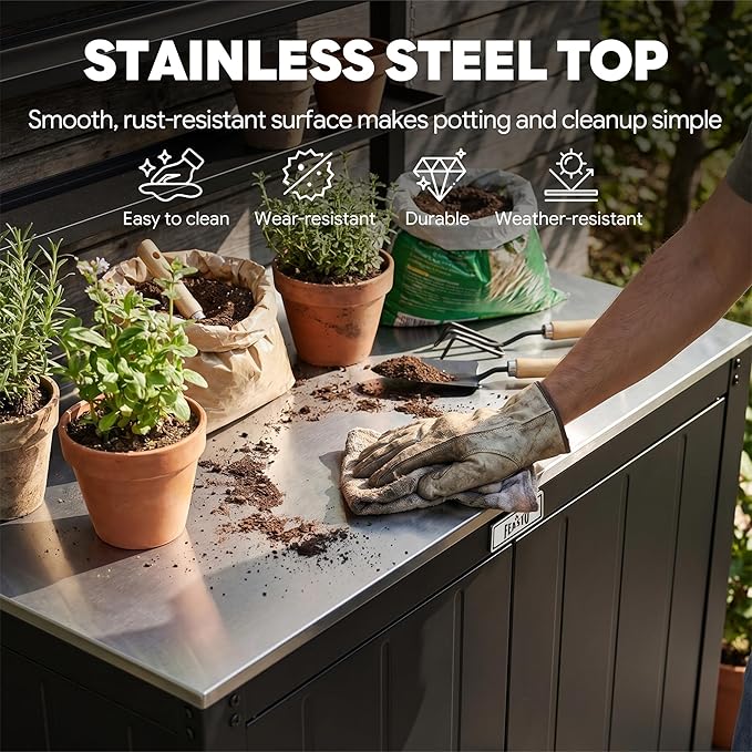 Feasto Outdoor Potting Bench Table with Storage Cabinet, Stainless Steel Garden Workstation, Raised-Edge Top, Adjustable Shelf & Removable Hutch for Patio, Balcony & Outdoor Workspace, Black