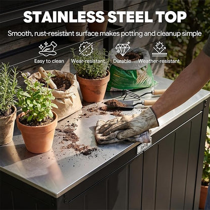 Feasto Outdoor Potting Bench Table with Storage Cabinet, Stainless Steel Garden Workstation, Raised-Edge Top, Adjustable Shelf & Removable Hutch for Patio, Balcony & Outdoor Workspace, Black