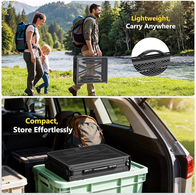 Raynesys Portable Folding Grill Table for Outside for Picnic, Camping | 3 Height Adjustable Small Camping Table with Mesh Bag, Metal Aluminum Folding Table, 35.43x15.75 inches, Black