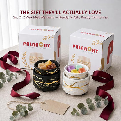 PALANCHY Electric Wax Melt Warmer for Scented Wax, Wax Warmer Set of 2 | Glazed Ceramic Wax Melter Black & White, 3-in-1 Candle Wax Melts Warmer Oil Burner for Aromatherapy. 4 x 4 x 3.5 ins, 17W