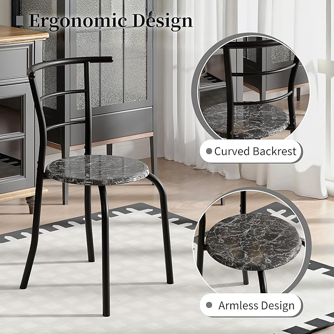 VECELO 3-Piece Dining Table Set for Kitchen Breakfast Nook, Wood Grain Oval Tabletop and Metal Frame with Built-in Wine Rack, for Small Spaces, Faux Marble Black
