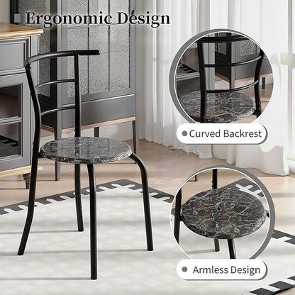 VECELO 3-Piece Dining Table Set for Kitchen Breakfast Nook, Wood Grain Oval Tabletop and Metal Frame with Built-in Wine Rack, for Small Spaces, Faux Marble Black