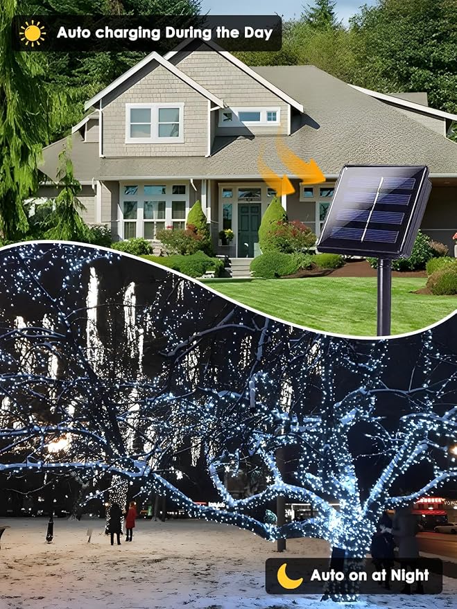 Solar String Lights Outdoor 2 Pack 200 LED Solar Christmas Light Cool White | 8 Lighting Modes, Memory Function, Auto On/Off, 66FT Waterproof Twinkle Lights for Outside Wedding Holiday Party Decorations