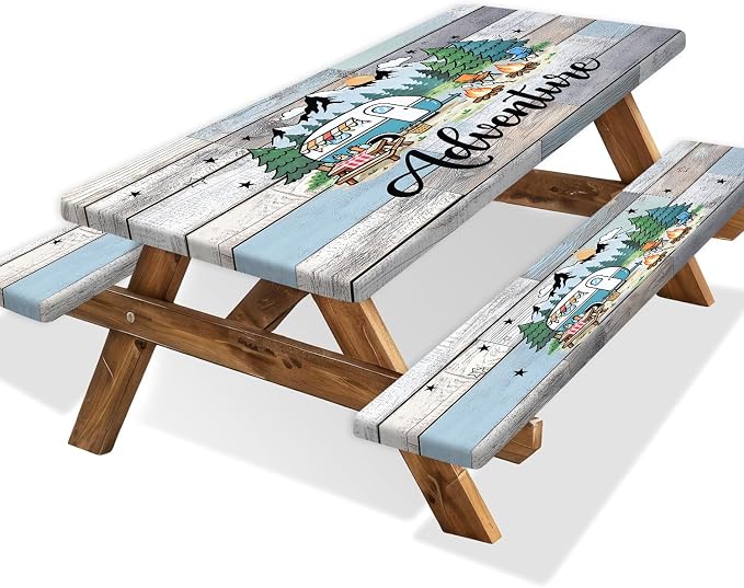 Fitted Picnic Table Cover with Bench Covers and Bag, Camping Essentials, Wooden Camper Fitted Table Cover, 6ft Outdoor Tablecloth Waterproof Windproof with Elastic Edge 3 PCS 30x60 Inch